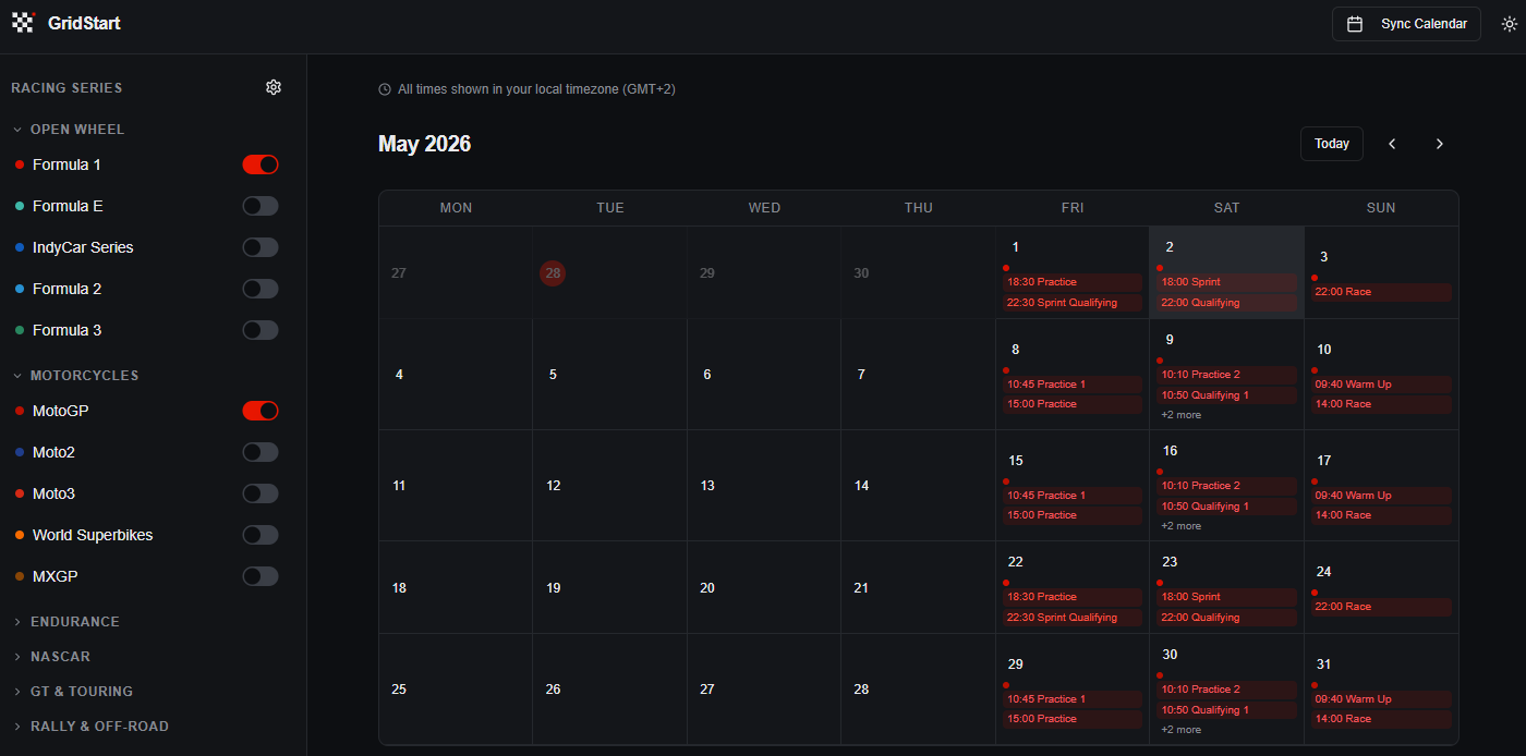GridStart calendar view showing multiple motorsport series with session details
